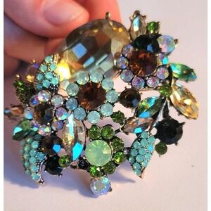 Vintage Stunning Floral Brooch Pendant Necklace Rhinestone Crystal Gem Sparkly
